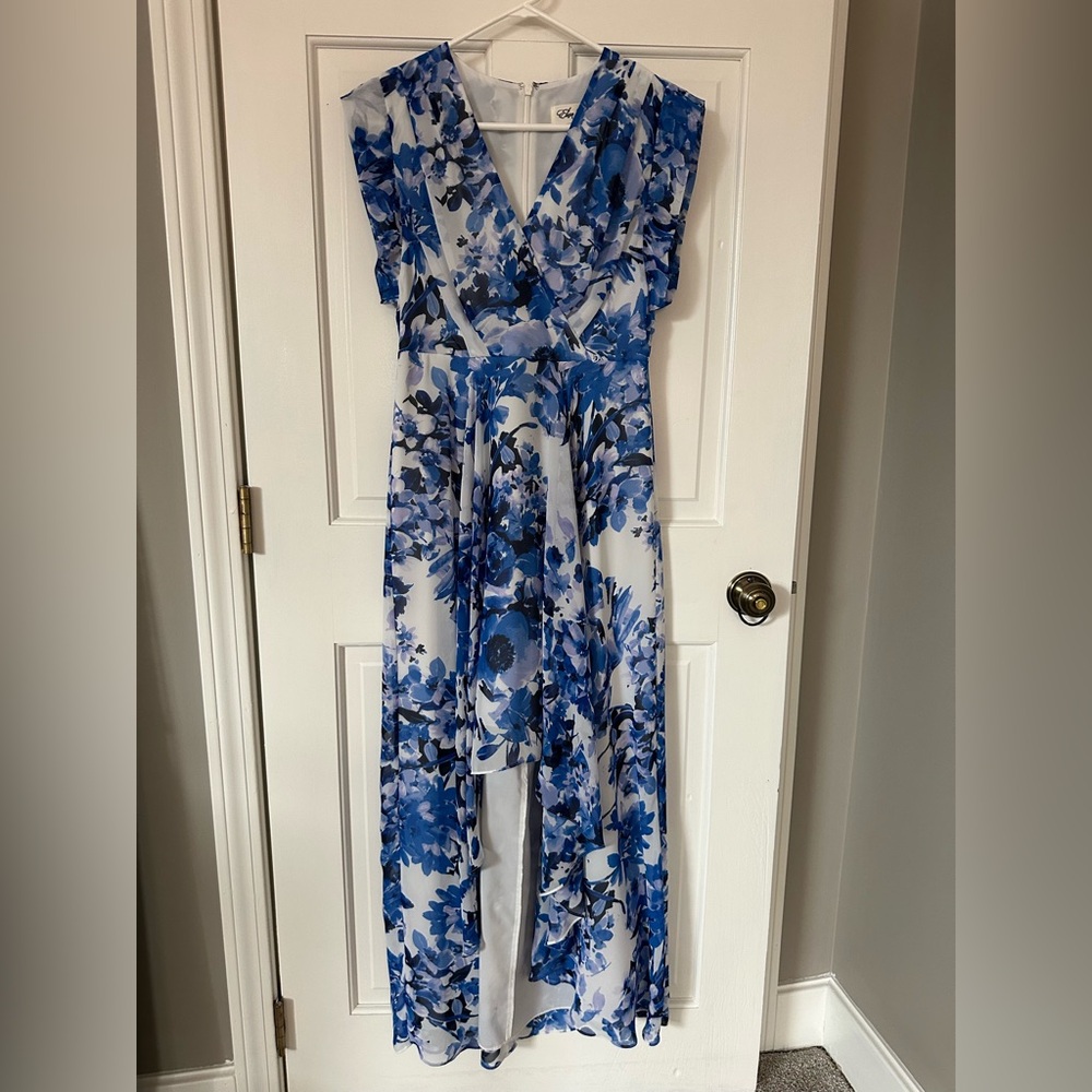 Eliza J Petite Floral Ruffle High/Low Maxi Dress, Blue + White, women's size 4P